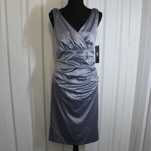 Suzi Chin Womens Silver Satin Stretch V Neck Ruched Waist Dress Size 8 NWT